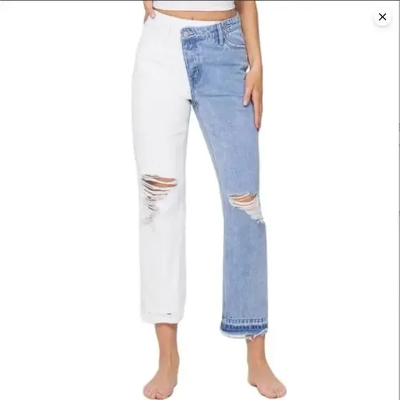 VERVET Norah Crossover Fly Colorblock Jeans 27 High Rise Straight Two Tone NWT - Picture 2 of 12